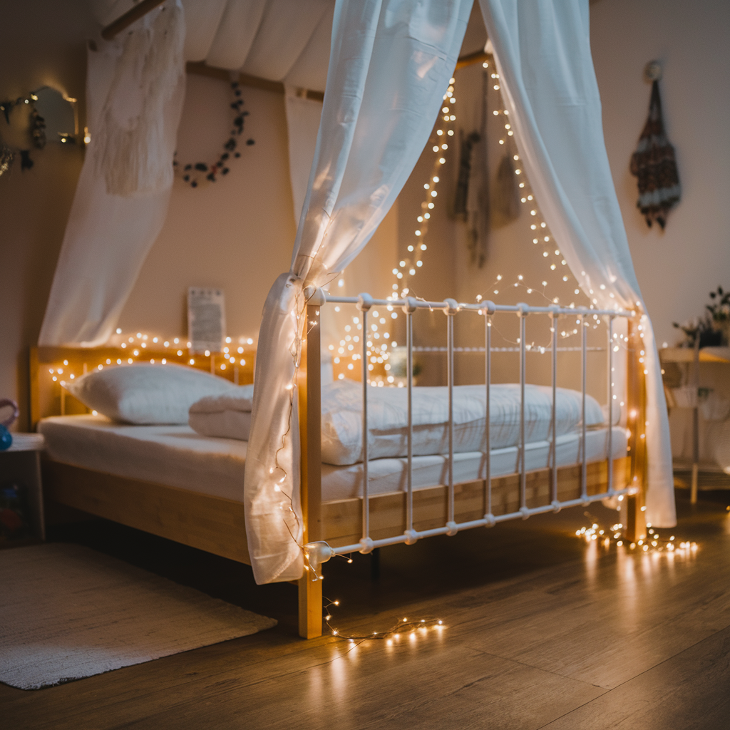 Fairy Lights Wrapped Around Bedposts