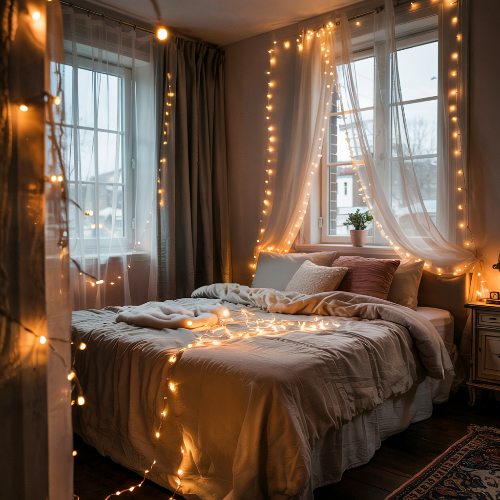 Fairy Lights Draped Over Curtains