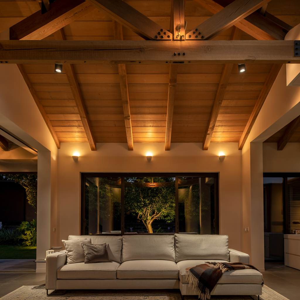 Spotlights Tucked Between Beams