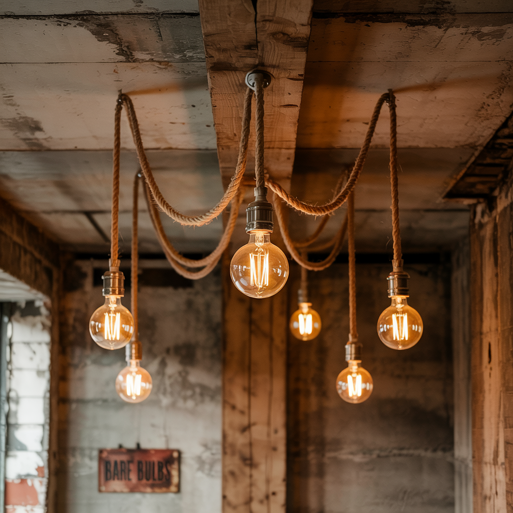 Bare Bulbs Suspended from Fabric Cords